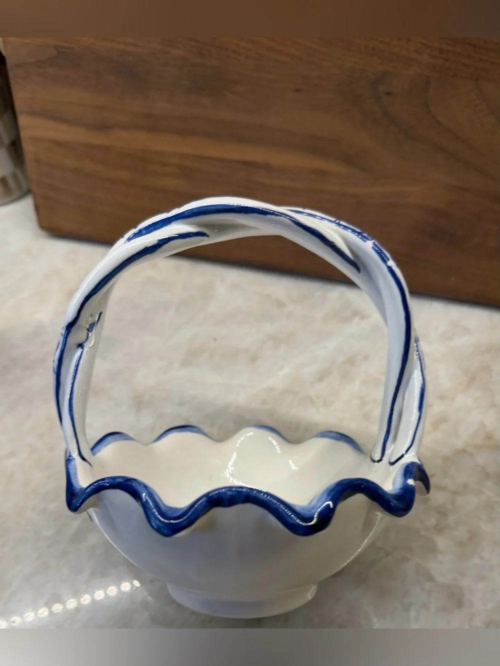 Vintage 5” ceramic basket blue & white candy dish